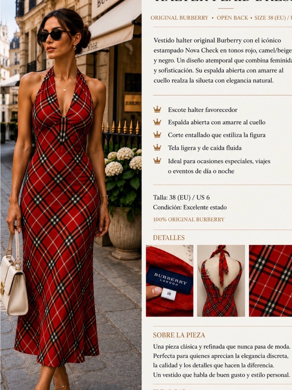 Burberry Red Nova Check Halter Midi Dress with Tartan Plaid